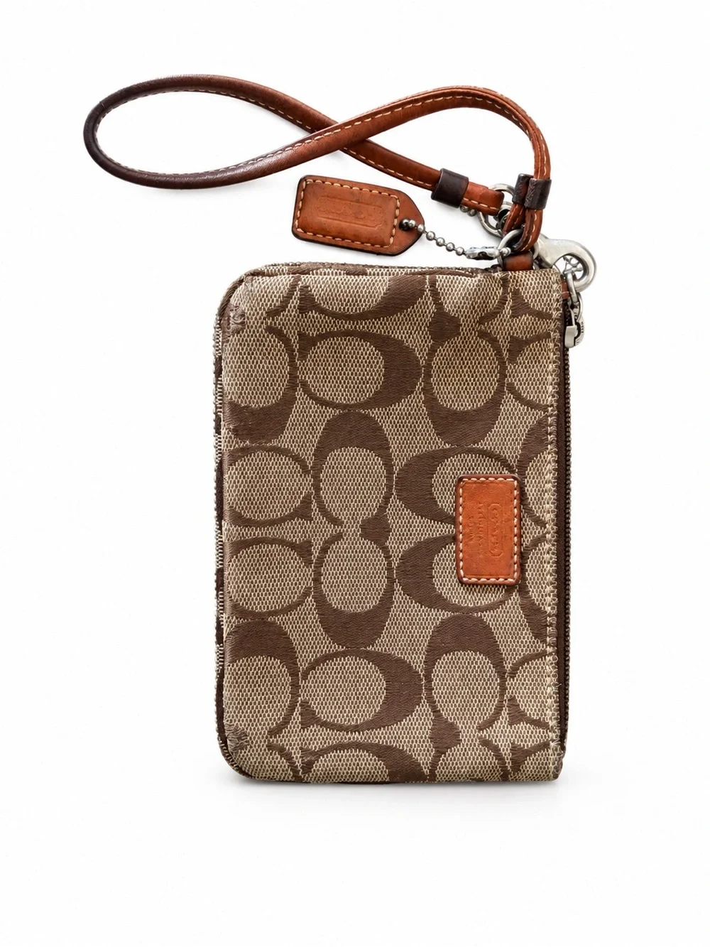 Coach Signature Canvas Wristlet Phone Case in Brown and Tan
